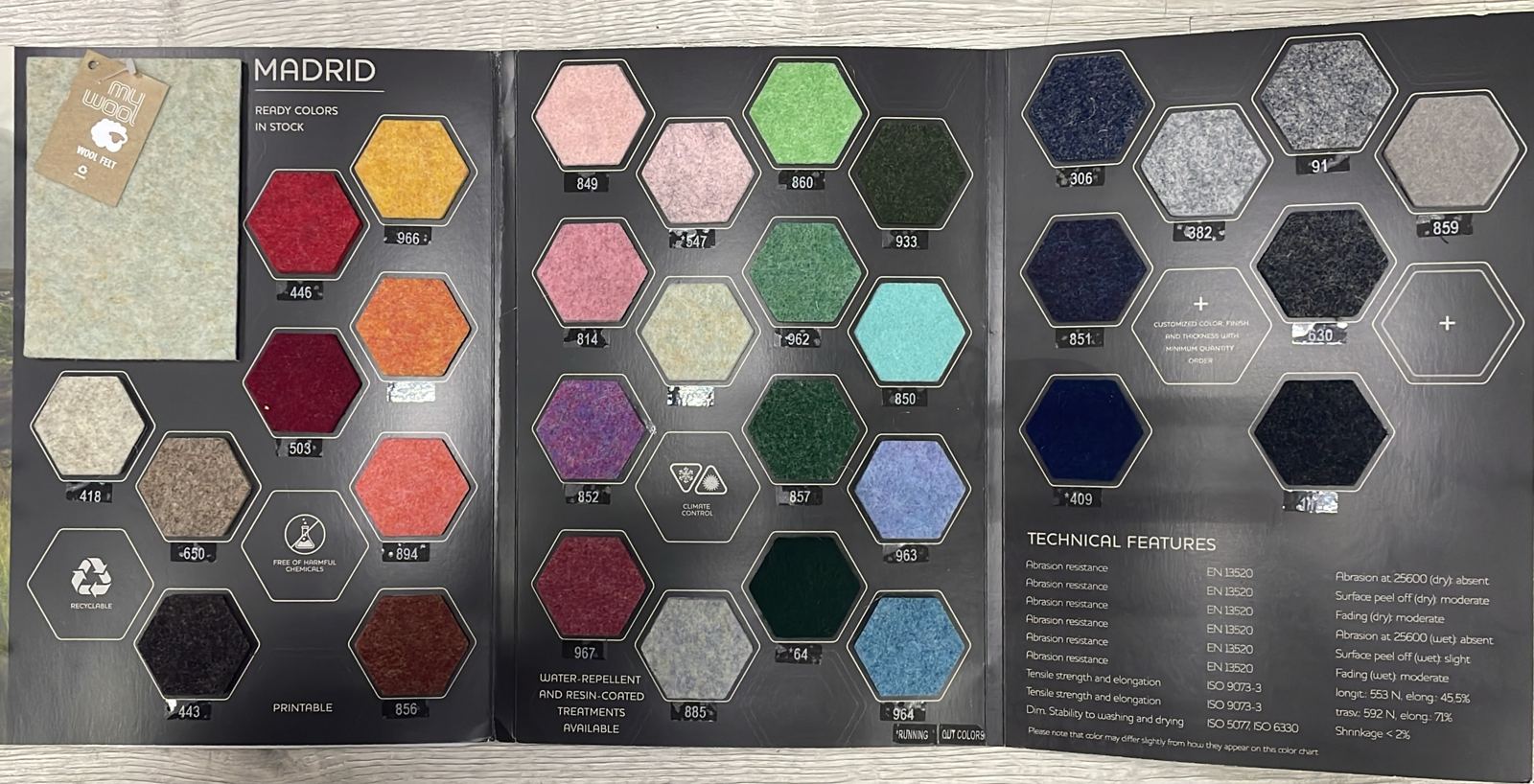 Палитра шерстяного войлока Maiano Madrid и технические характеристики